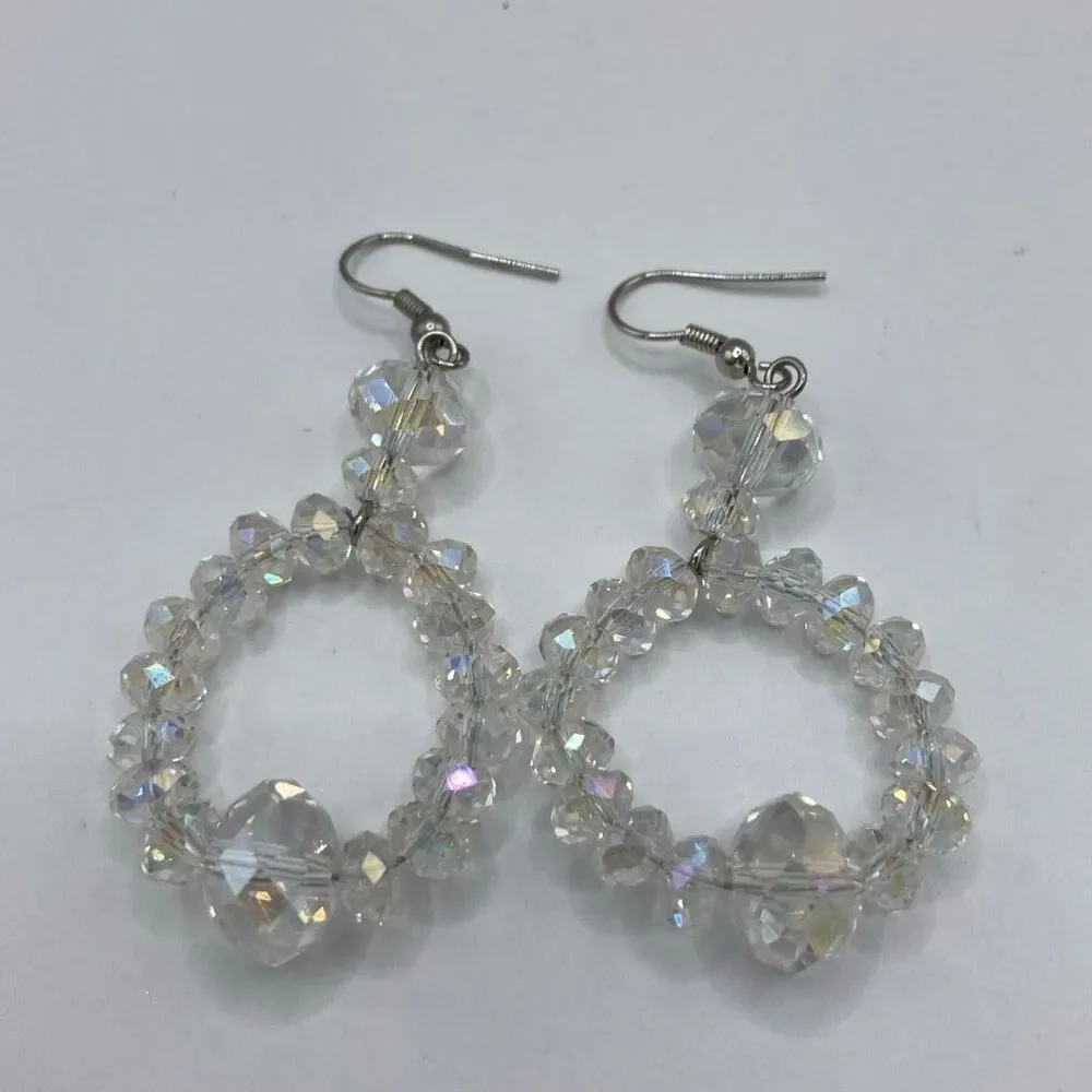Clear Crystal Beaded Hoop Drop Earrings Statement Jewelry